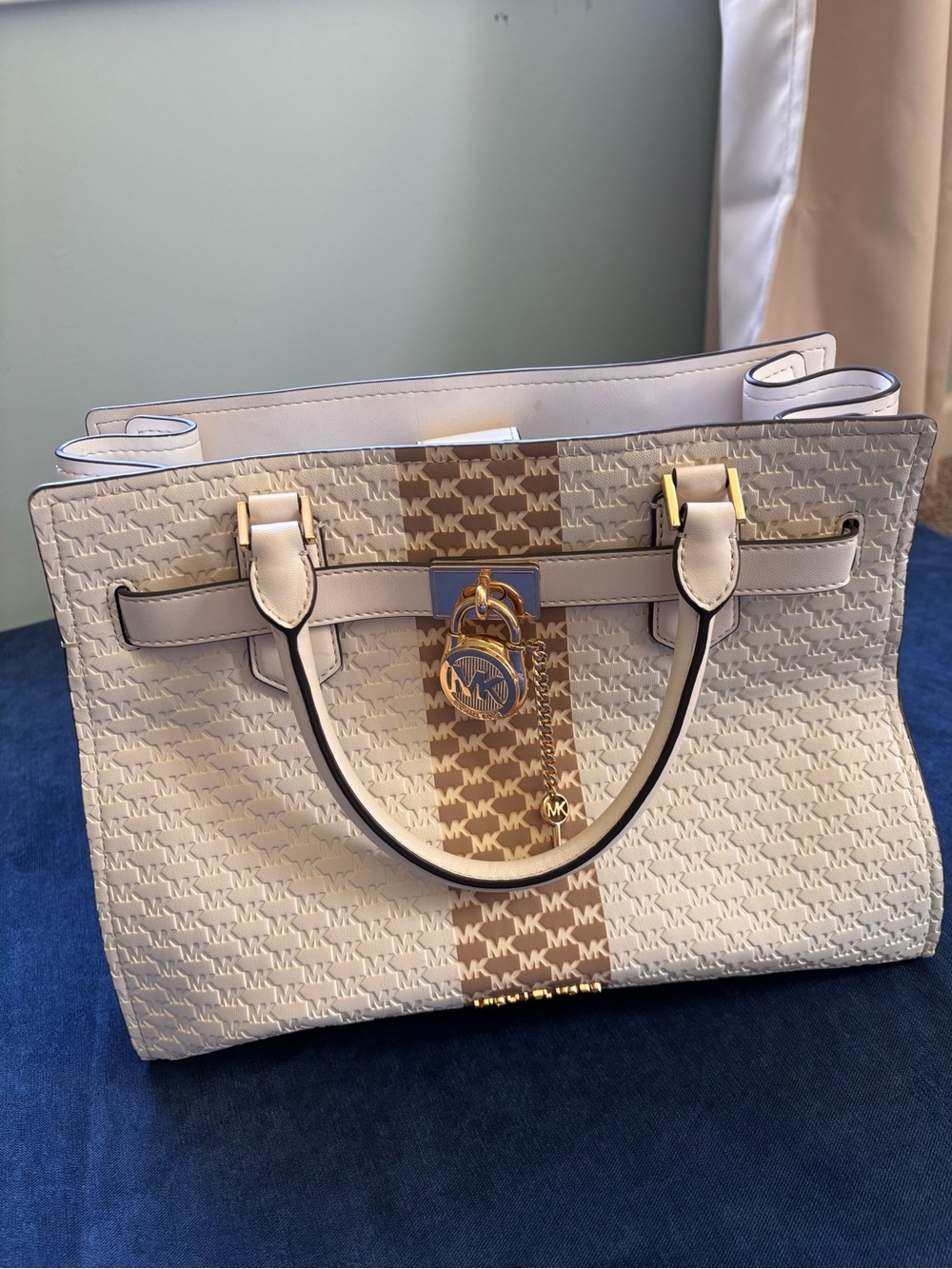 Michael Kors White and Brown Logo Stripe Satchel